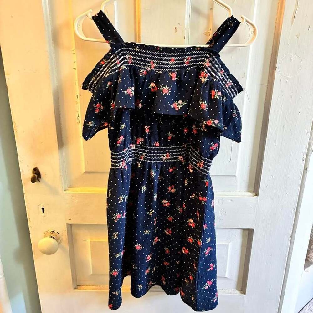 Knit Works Girls Navy Blue Floral Polka Dot Cold Shoulder Dress Size 12